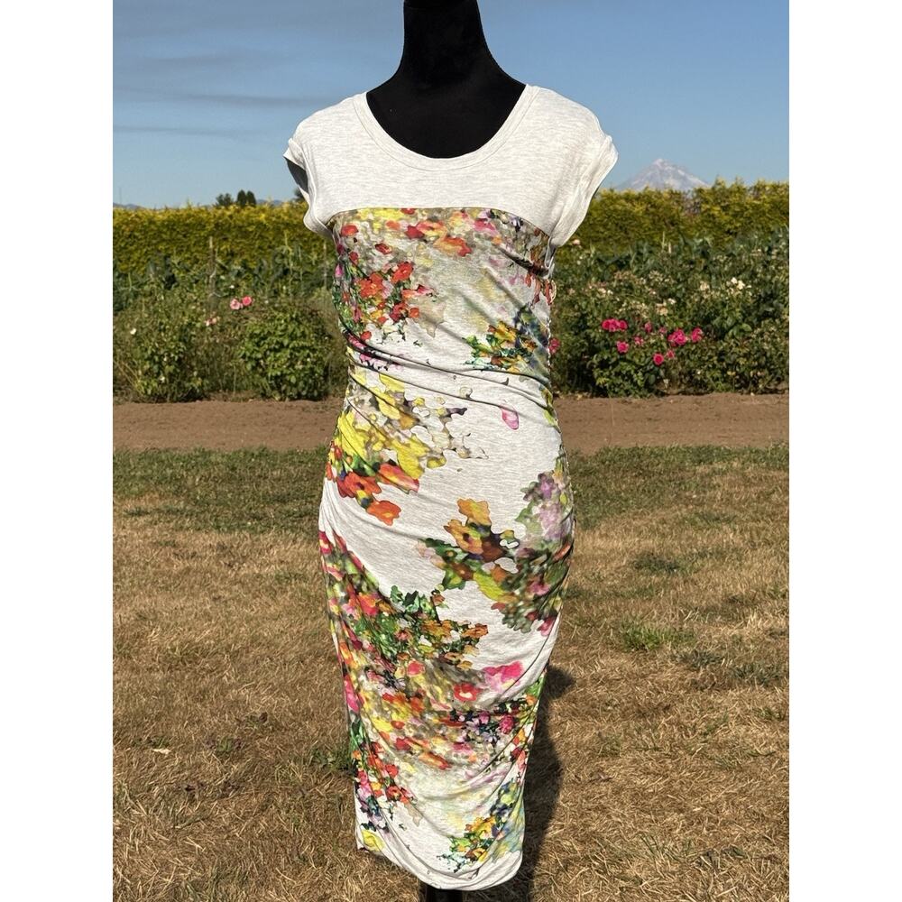 Weston S Watercolor Floral Ruched Midi Dress Bodycon Stretch Made USA Artsy - Picture 4 of 16